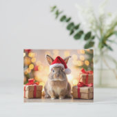 サンタハットを持って座っているクリスマスのバニーのウサギ シーズンポストカード (スタンド正面)