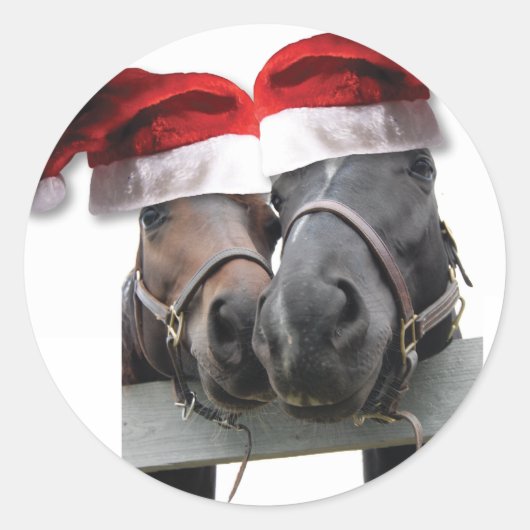 サンタハットを持つクリスマスの馬 ラウンドシール (正面)