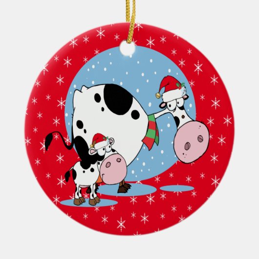 サンタハットを持つ国クリスマス牛 セラミックオーナメント (正面)