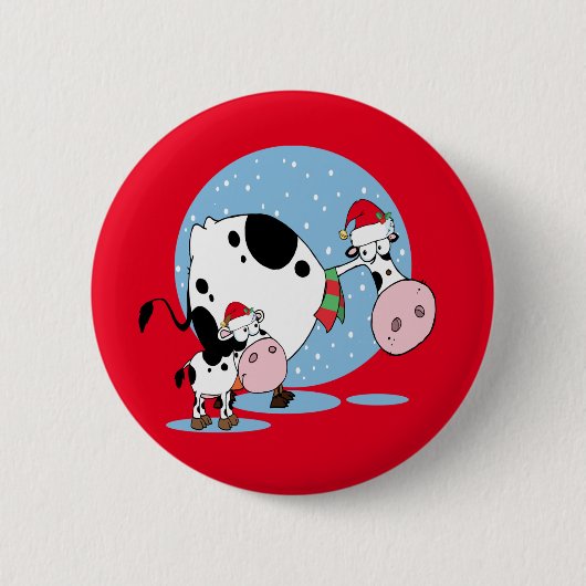 サンタハットを持つ国クリスマス牛 缶バッジ (正面)