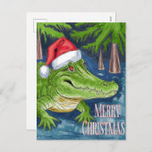 サンタハットを添えたメリークリスマスリゲーター シーズンポストカード (正面/裏面)