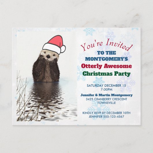 サンタハットを着たかわいいオッター、クリスマスパーティー ポストカード (正面)