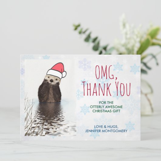 サンタハットを着たかわいいカワウソありがとう サンキューカード (スタンド正面)