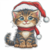サンタハットを着たかわいいクリスマスの子猫 シール (正面)