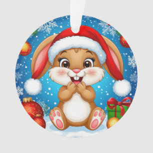 サンタハットを着たかわいいクリスマスバニー オーナメント