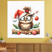 サンタハットを着たかわいいクリスマスフクロウ キャンバスプリント (インサイチュ (リビング))