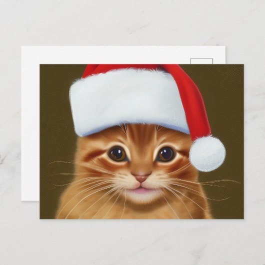 サンタハットを着たかわいいジンジャーキャット顔 シーズンポストカード (正面/裏面)