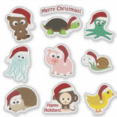 サンタハットを着たかわいいマンガのクリスマス動物 シール (正面)