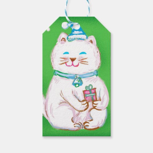 サンタハットを着たかわいいマンガのクリスマス猫 ギフトタグ (正面)