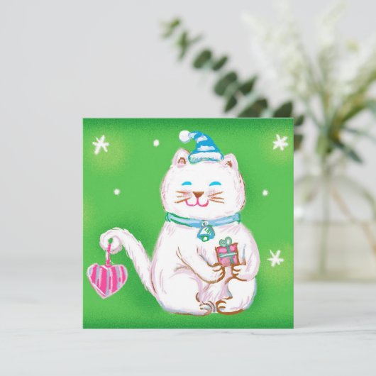 サンタハットを着たかわいいマンガのクリスマス猫 シーズンカード (スタンド正面)