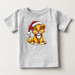 サンタハットを着たかわいいマンガのライオンの仔 ベビーTシャツ