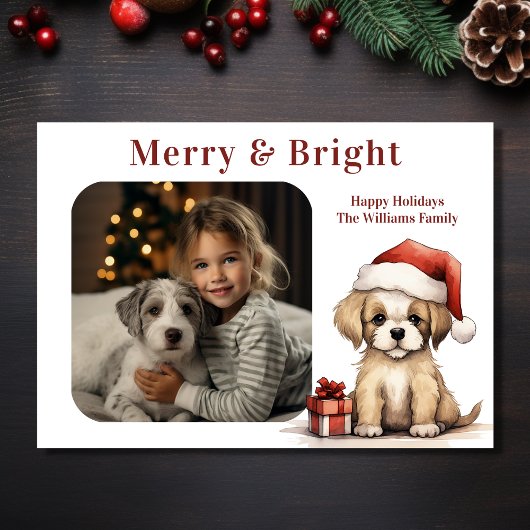 サンタハットを着たかわいい子犬フォトクリスマス シーズンカード