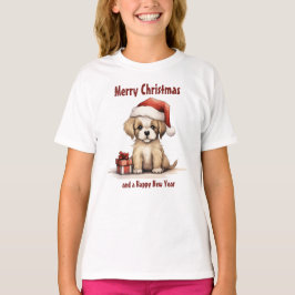 サンタハットを着たかわいい子犬メリークリスマス Tシャツ