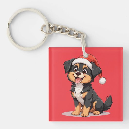 サンタハットを着たかわいい漫画の犬 キーホルダー (正面)