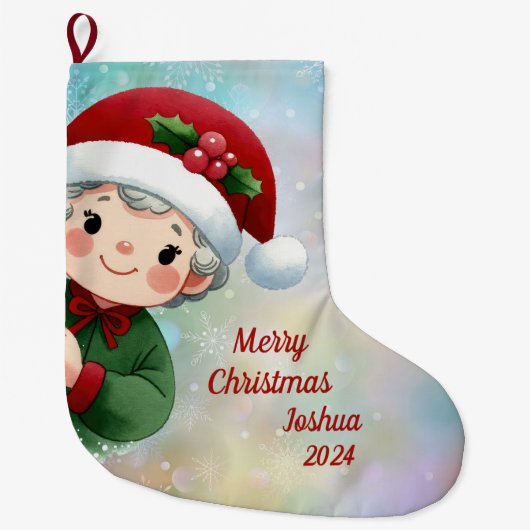 サンタハットを着たかわいい男の子 ラージクリスマスストッキング (正面)