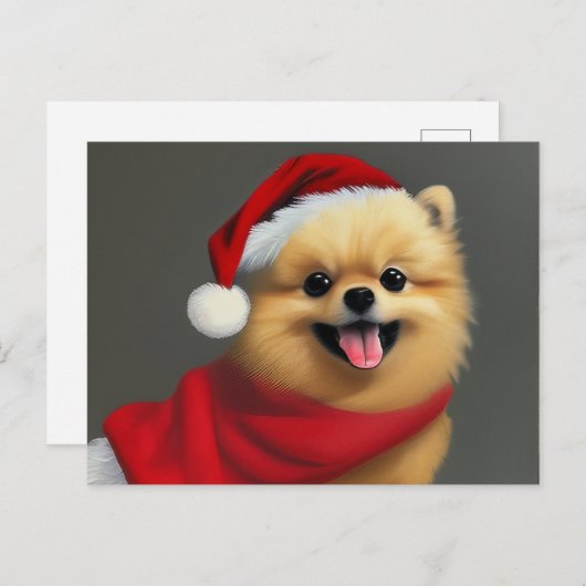 サンタハットを着たかわいい茶色のポメラニア犬 シーズンポストカード (正面/裏面)