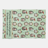 サンタハットを着たキッズハッピーペンギンとイヤーマフ キッチンタオル (横)