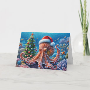 サンタハットを着たクリスマスのタコ カード