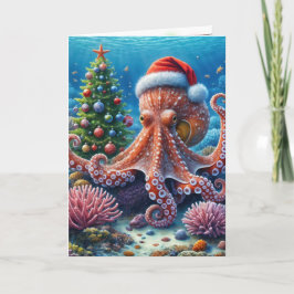 サンタハットを着たクリスマスのタコ カード