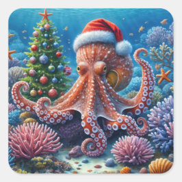 サンタハットを着たクリスマスのタコ スクエアシール