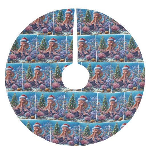 サンタハットを着たクリスマスのタコ ブラッシュドポリエステルツリースカート (正面)