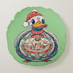 サンタハットを着たクリスマスの民間伝承アヒル ラウンドクッション