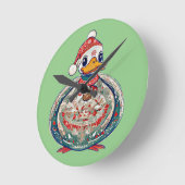 サンタハットを着たクリスマスの民間伝承アヒル ラウンド壁時計 (傾斜)