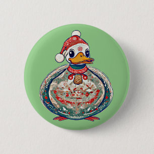 サンタハットを着たクリスマスの民間伝承アヒル 缶バッジ