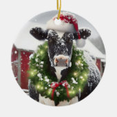 サンタハットを着たクリスマスの牛 セラミックオーナメント (正面)
