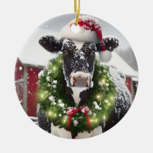 サンタハットを着たクリスマスの牛 セラミックオーナメント (正面)