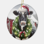 サンタハットを着たクリスマスの牛 セラミックオーナメント (左)