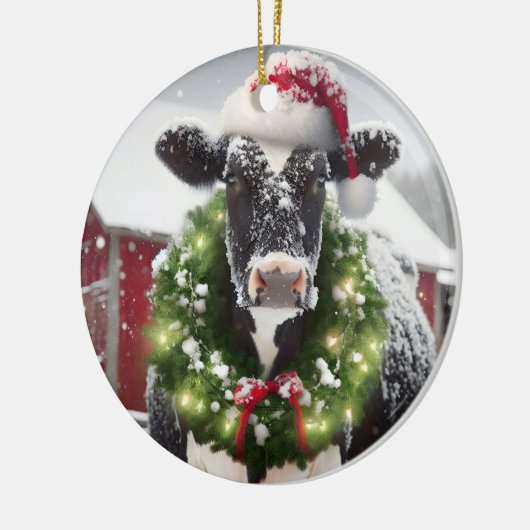 サンタハットを着たクリスマスの牛 セラミックオーナメント (左)