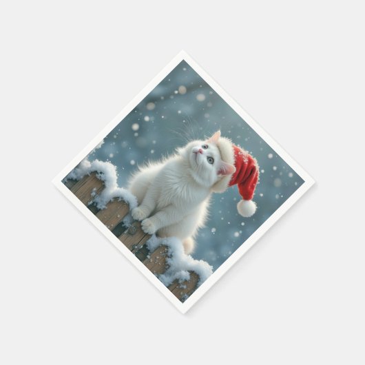 サンタハットを着たクリスマスの白猫 スタンダードカクテルナプキン (角)