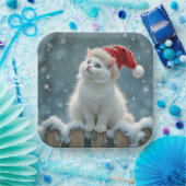サンタハットを着たクリスマスの白猫 ペーパープレート (パーティー)