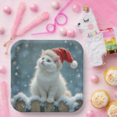 サンタハットを着たクリスマスの白猫 ペーパープレート (パーティー)