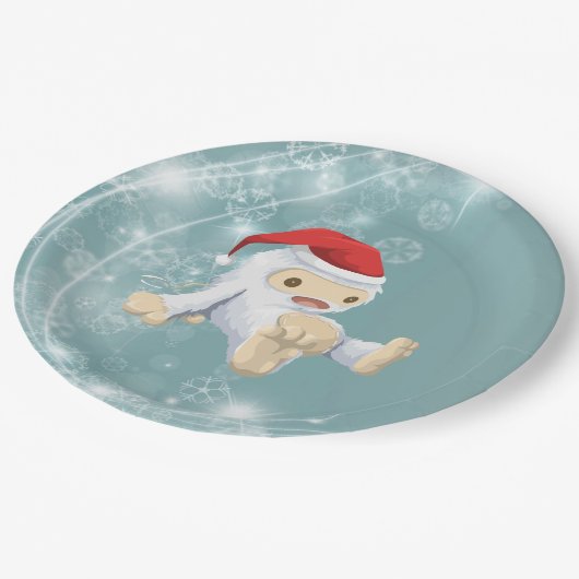 サンタハットを着たクリスマスイェティ人形 ペーパープレート (アングル)