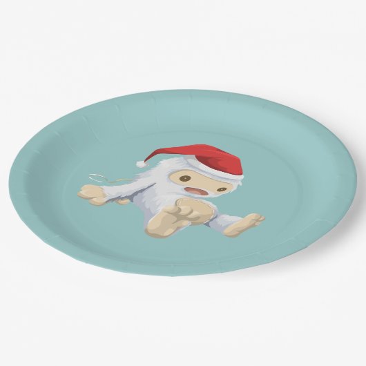 サンタハットを着たクリスマスイェティ人形 ペーパープレート (アングル)