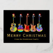 サンタハットを着たクリスマスギタズブラック金ゴールド 箔シーズンカード (正面)