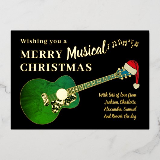 サンタハットを着たクリスマスギター金ゴールド 箔シーズンカード (正面)