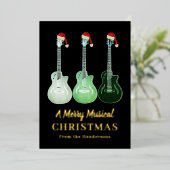 サンタハットを着たクリスマスギター黒と金ゴールド 箔シーズンカード (立ち正面)