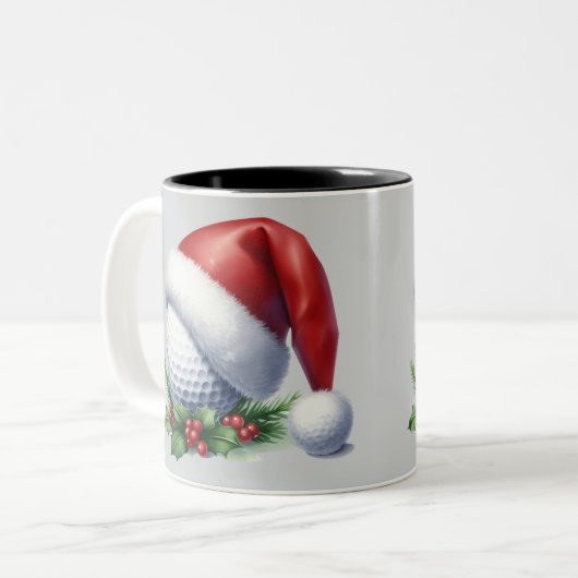 サンタハットを着たゴルフボールで2トーンのマグカップ ツートーンマグカップ (正面左)