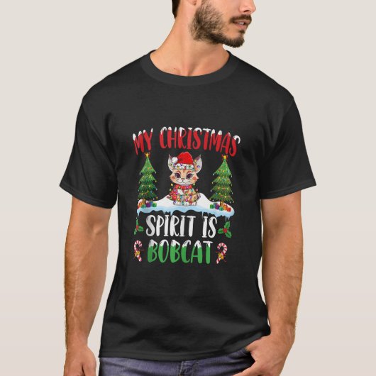 サンタハットを着たボブキャットクリスマスクリスマススピリット Tシャツ (正面)