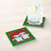 サンタハットを着たミョイクリスマスかわいい白い子猫 ガラスコースター (アングル)