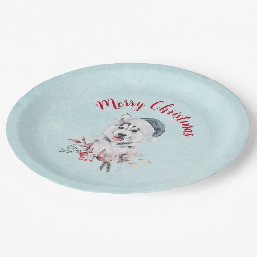 サンタハットを着たメリークリスマスハスキー犬 ペーパープレート (アングル)