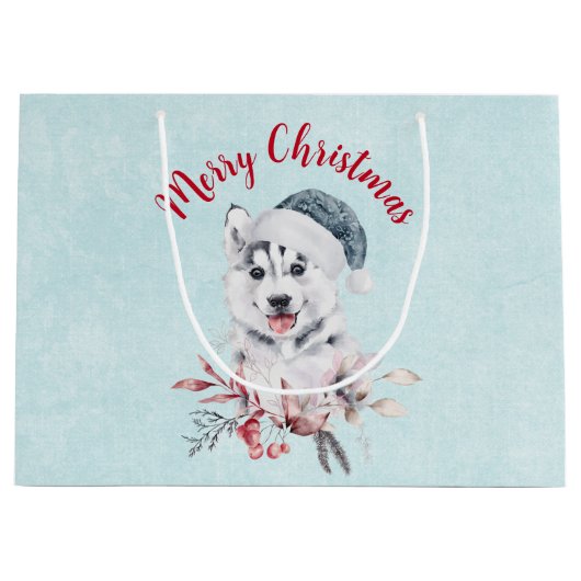 サンタハットを着たメリークリスマスハスキー犬 ラージペーパーバッグ (正面)