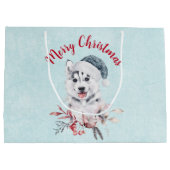 サンタハットを着たメリークリスマスハスキー犬 ラージペーパーバッグ (裏面)