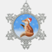 サンタハットを着たリトルレッドキツネ スノーフレークピューターオーナメント (正面)