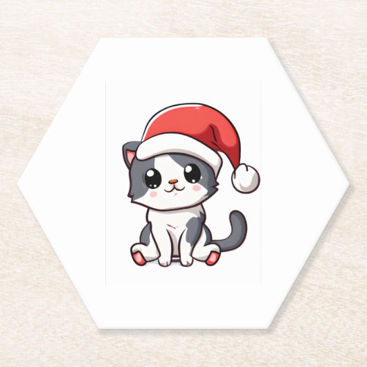 サンタハットを着た可愛いクリスマスの子猫 ペーパーコースター (正面)