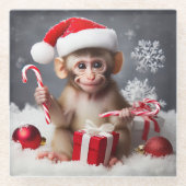 サンタハットを着た可愛いサル ガラスコースター (正面)