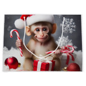 サンタハットを着た可愛いサル ラージペーパーバッグ (正面)